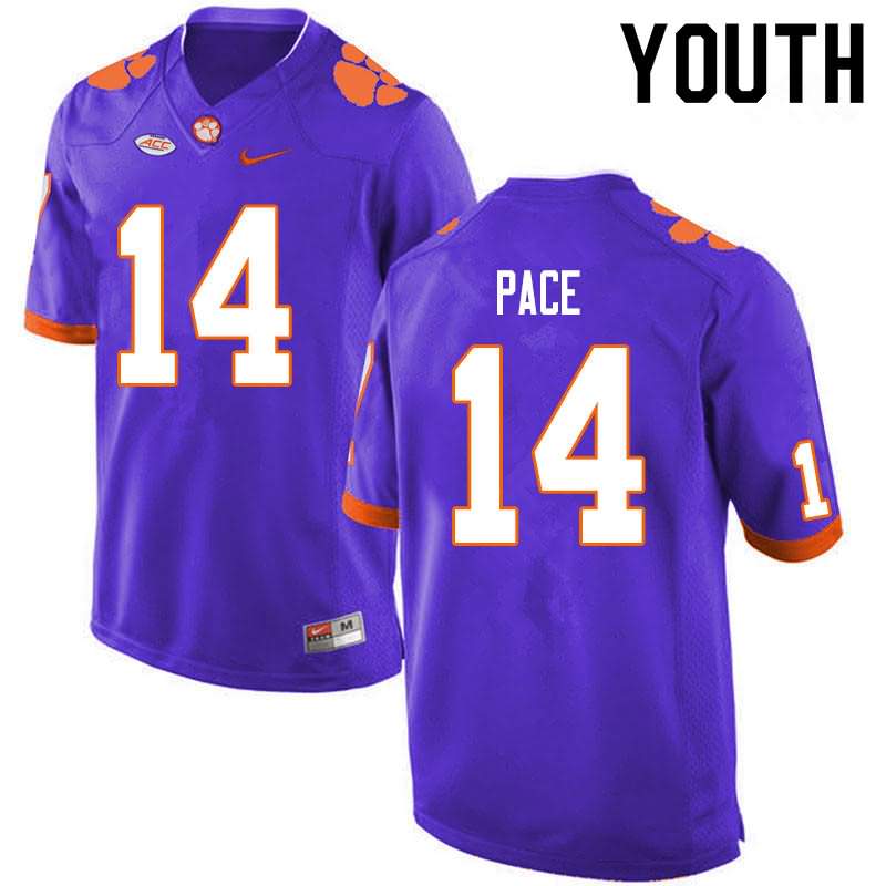 Youth Clemson Tigers Kobe Pace #14 Colloge Purple NCAA Game Football Jersey Jogging QMG13N6E